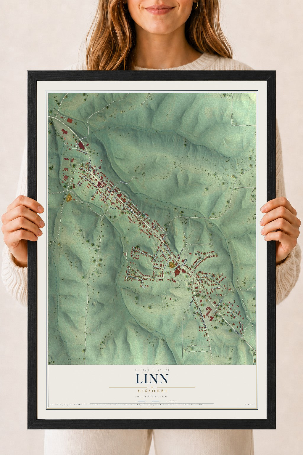 Map of Linn, Missouri, 18 x 24 inch print in a black wood frame