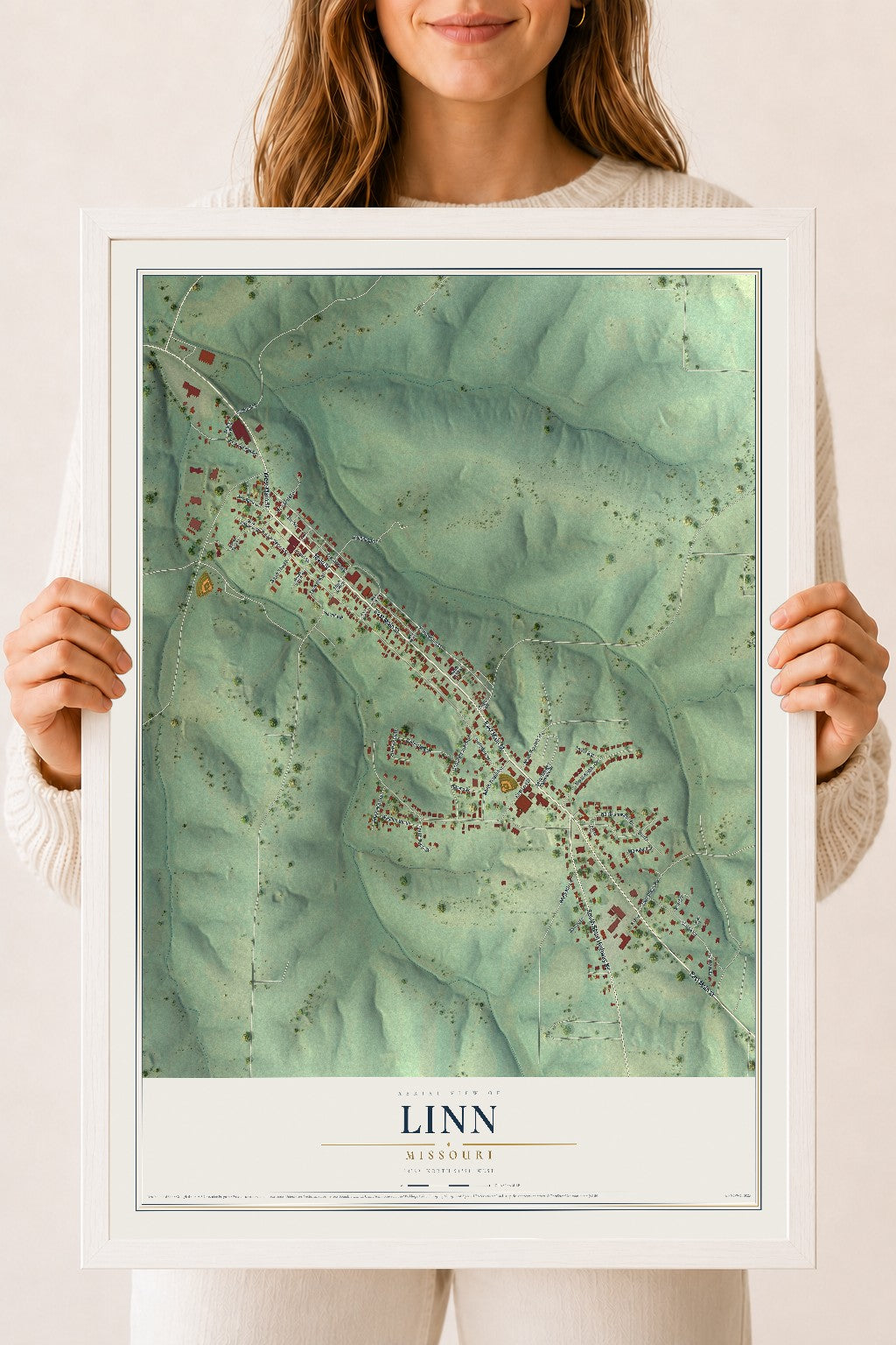 Map of Linn, Missouri, 18 x 24 inch print in a white wood frame