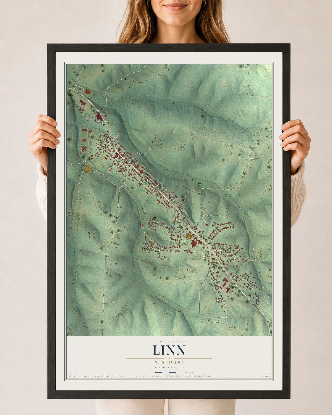 Map of Linn, Missouri, 24 x 36 inch print in a black wood frame