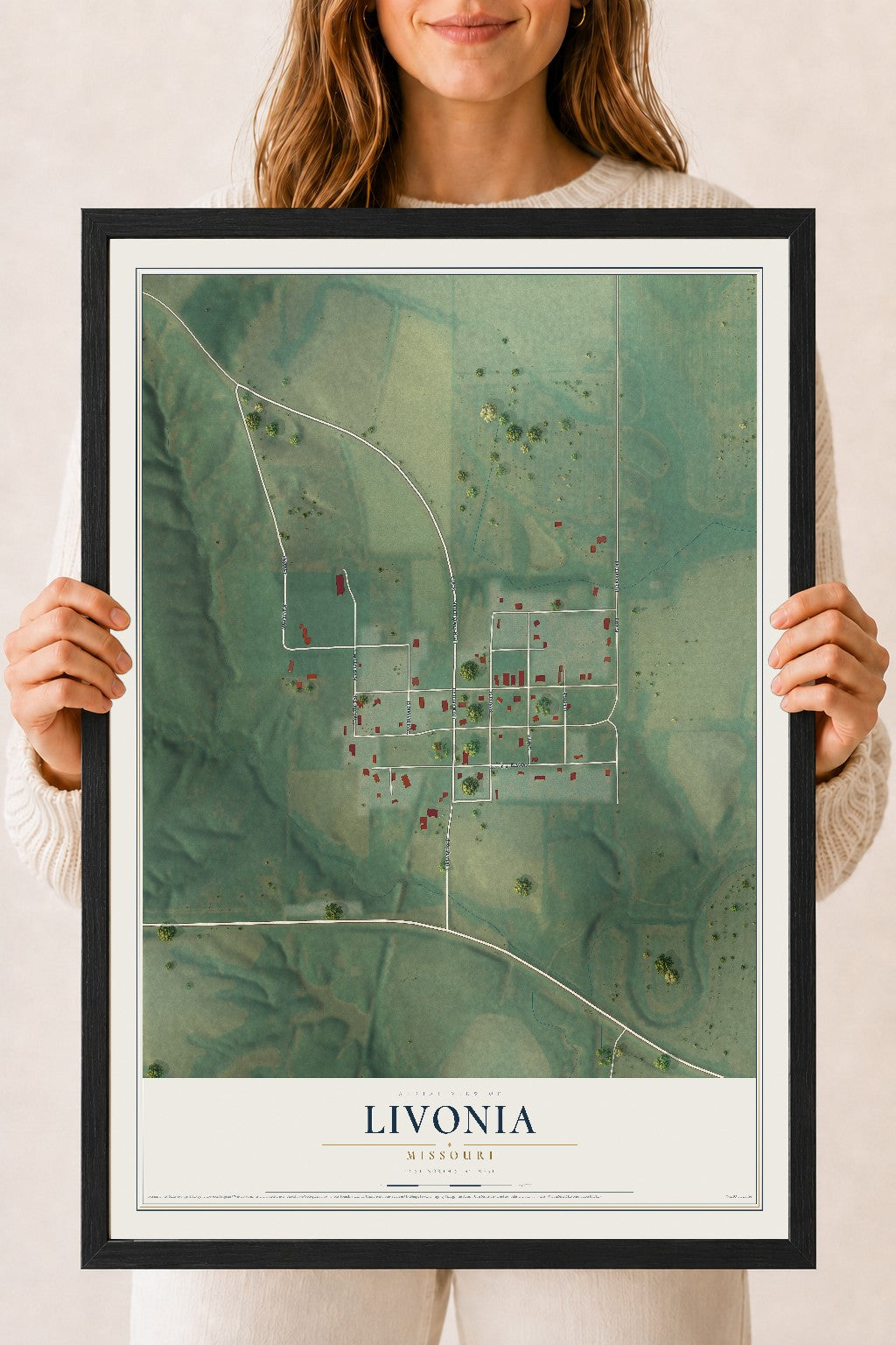 Map of Livonia, Missouri, 18 x 24 inch print in a black wood frame
