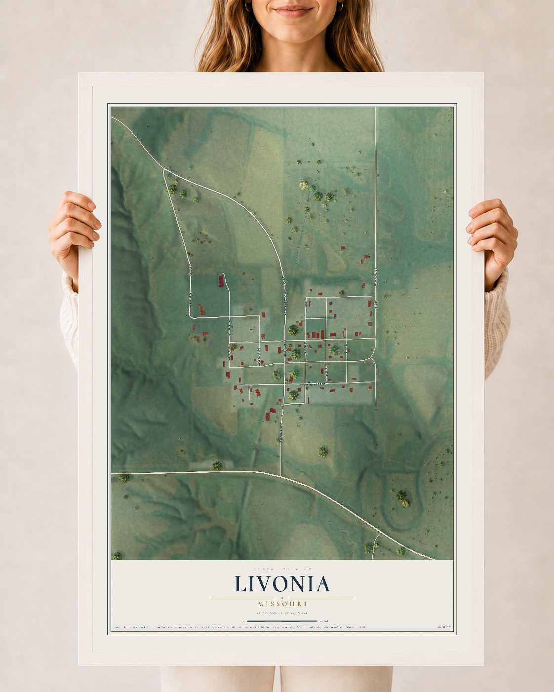 Map of Livonia, Missouri, 24 x 36 inch print in a white wood frame