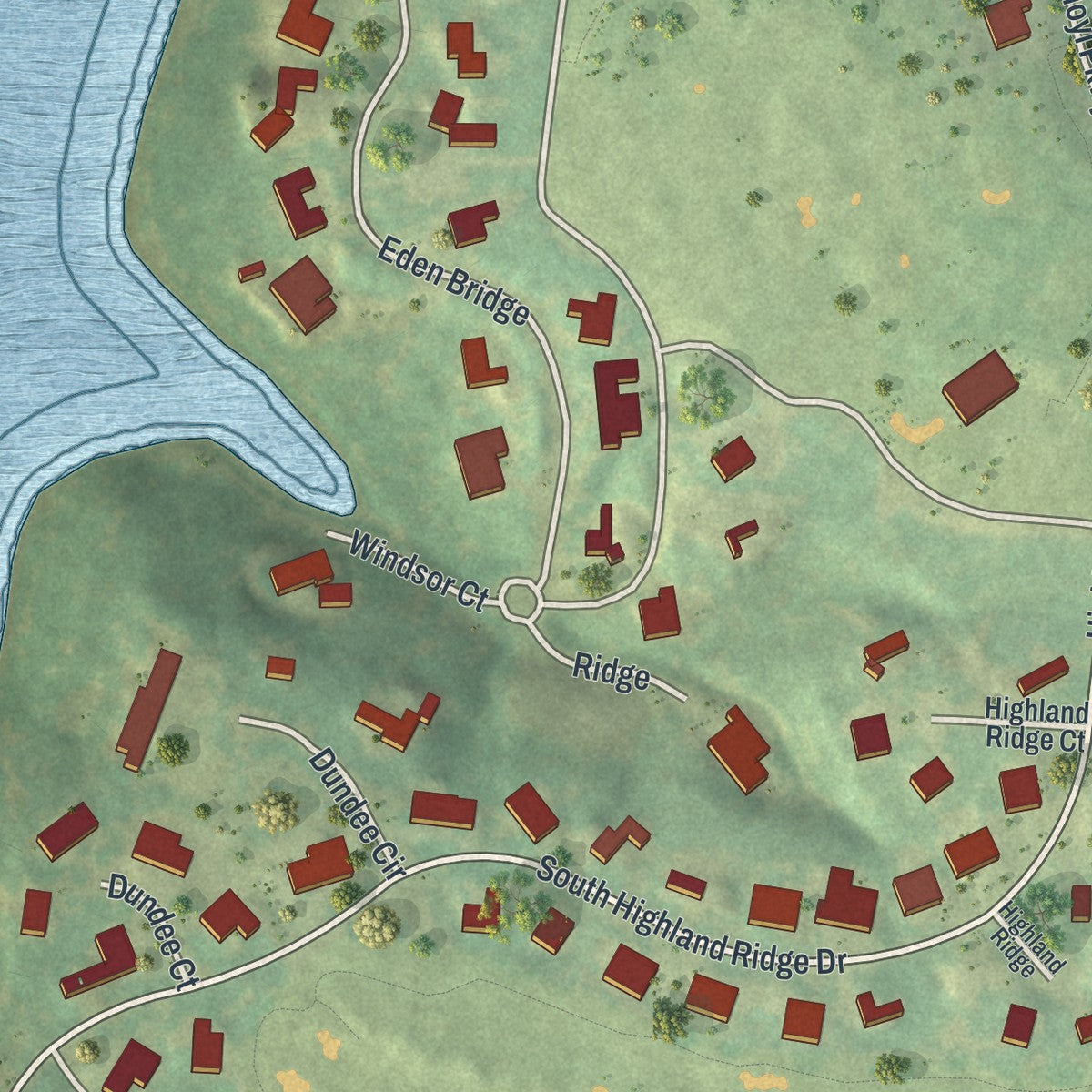 Second close-up of the map of Loch Lloyd, Missouri print showing more streets and buildings