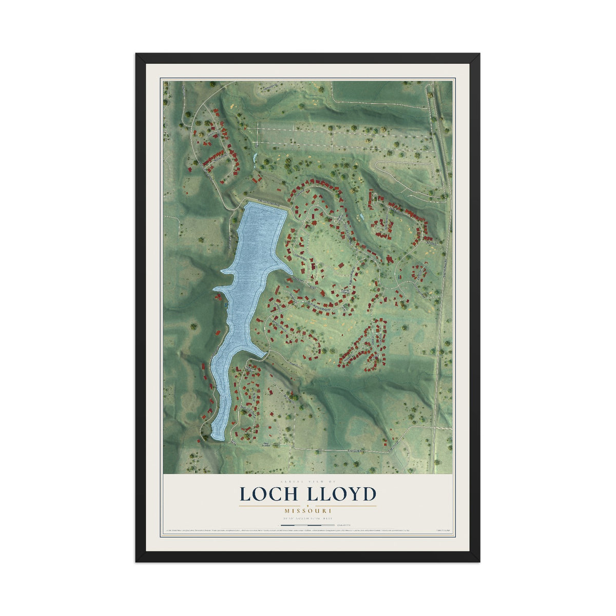 Map of Loch Lloyd, Missouri, 12 x 18 inch print in a black wood frame
