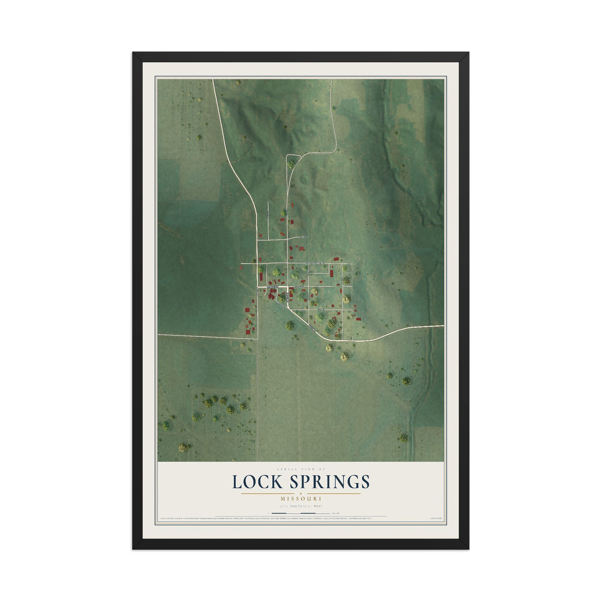 Map of Lock Springs, Missouri, 12 x 18 inch print in a black wood frame