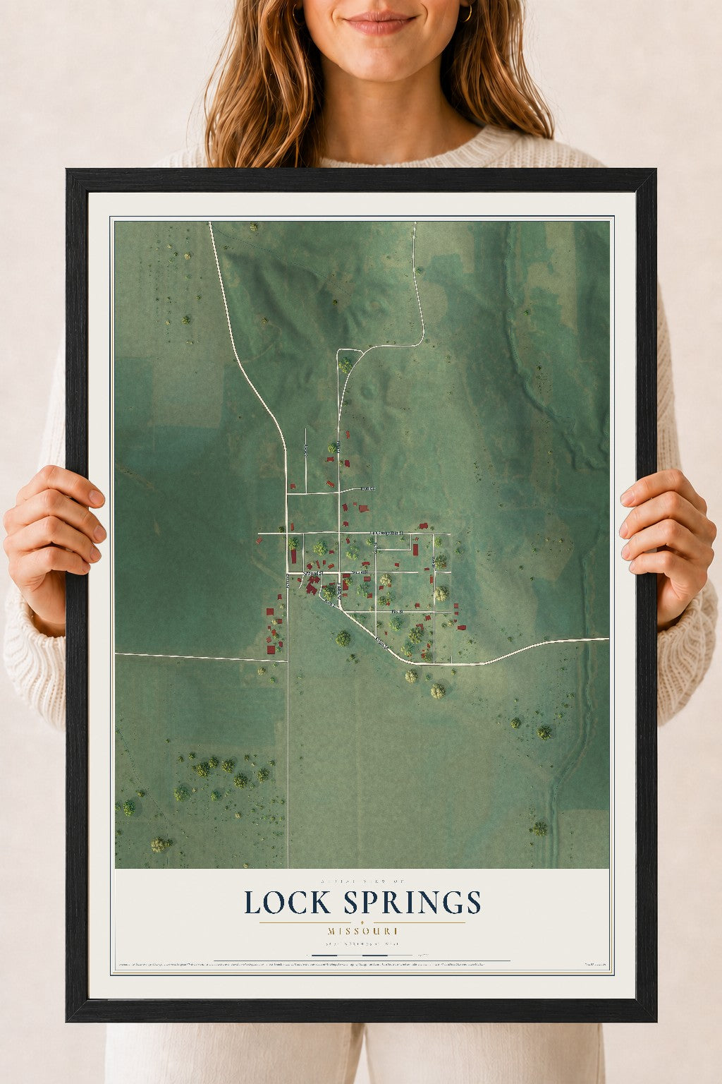 Map of Lock Springs, Missouri, 18 x 24 inch print in a black wood frame