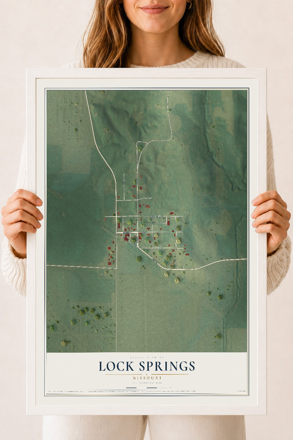 Map of Lock Springs, Missouri, 18 x 24 inch print in a white wood frame
