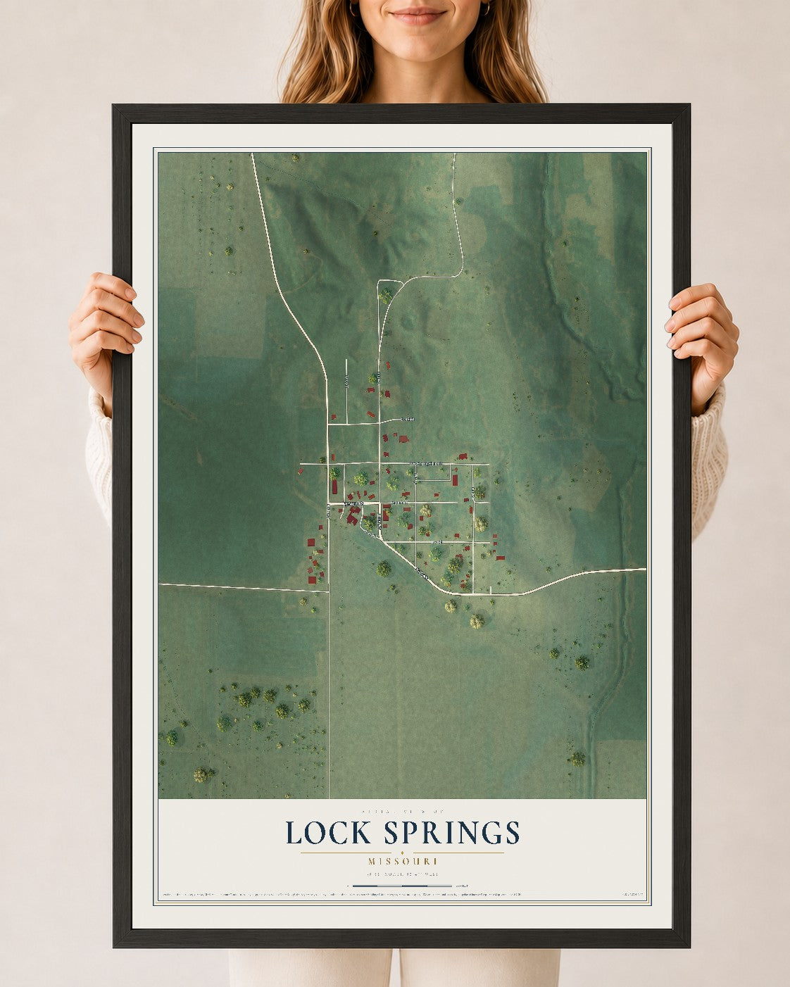 Map of Lock Springs, Missouri, 24 x 36 inch print in a black wood frame