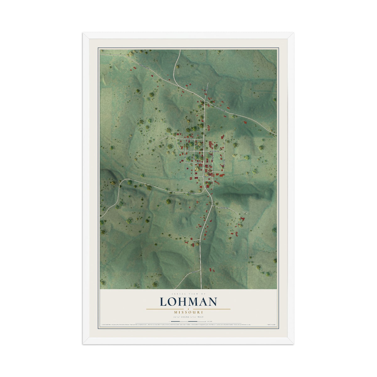 Map of Lohman, Missouri, 12 x 18 inch print in a white wood frame