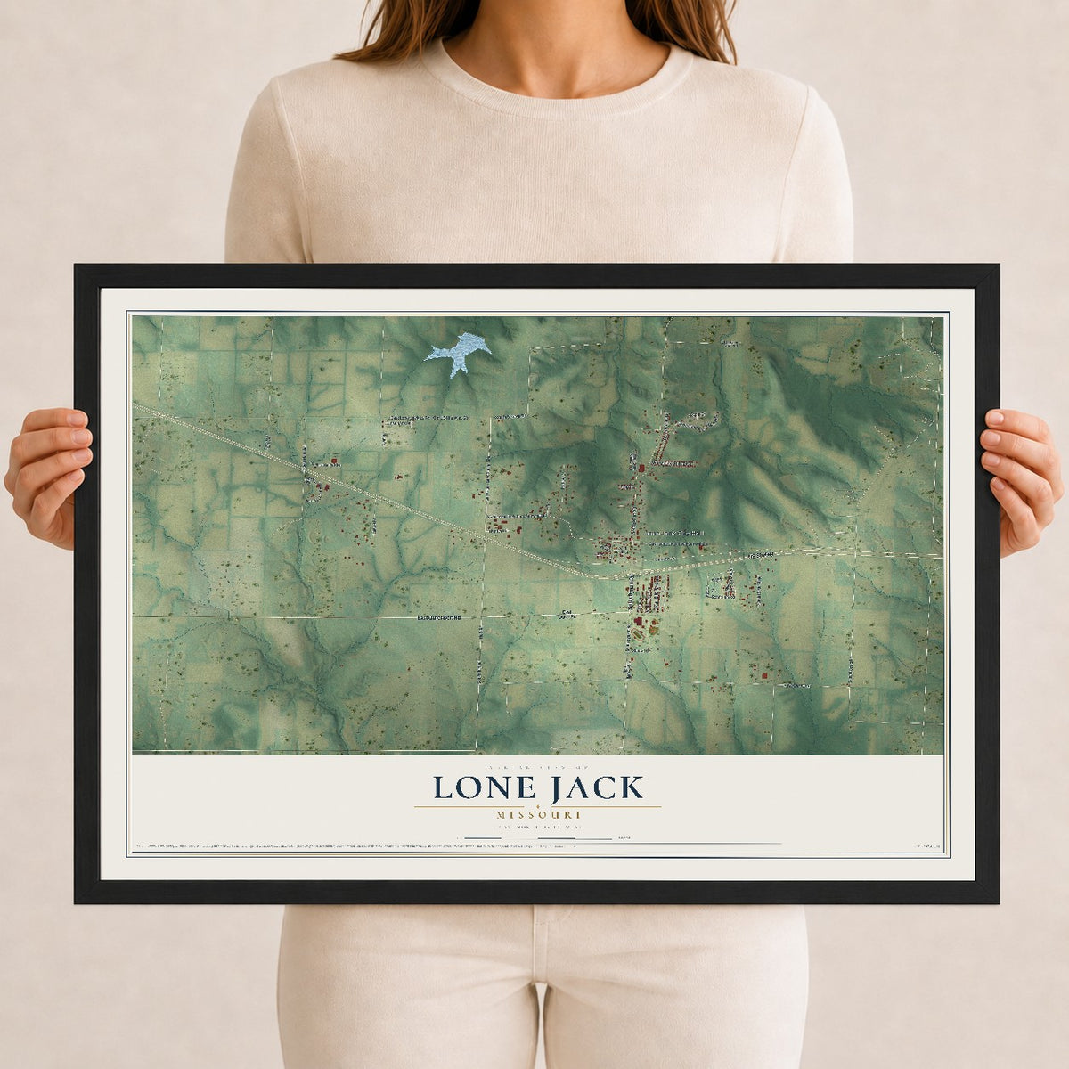 Map of Lone Jack, Missouri, 12 x 18 inch print in a black wood frame