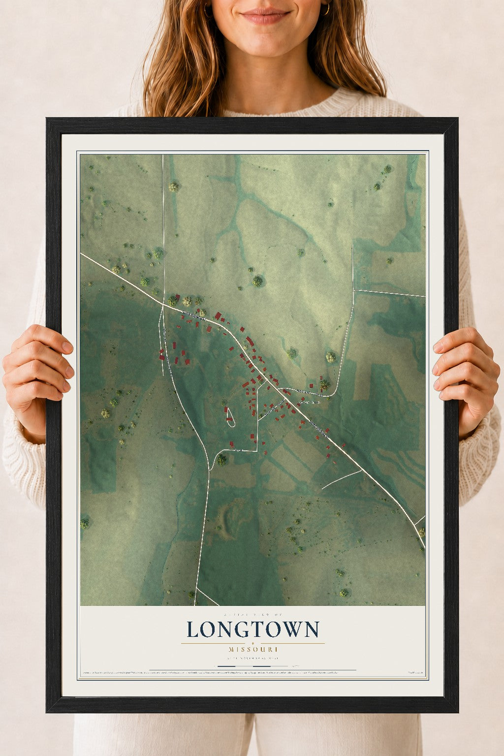 Map of Longtown, Missouri, 18 x 24 inch print in a black wood frame