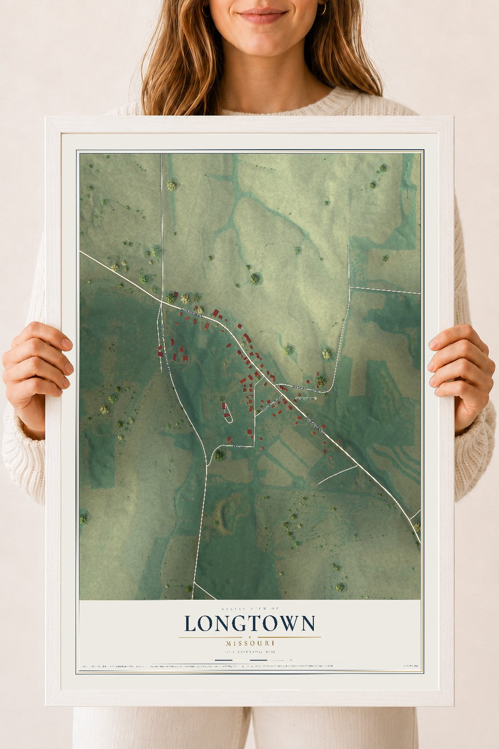 Map of Longtown, Missouri, 18 x 24 inch print in a white wood frame