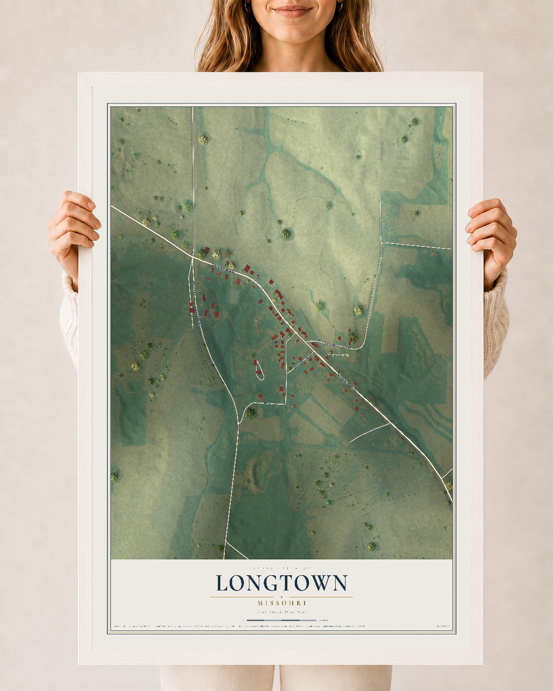 Map of Longtown, Missouri, 24 x 36 inch print in a white wood frame