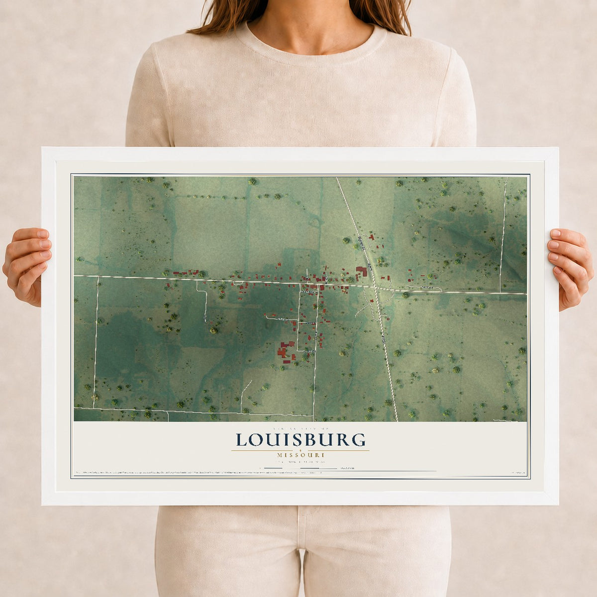 Map of Louisburg, Missouri, 12 x 18 inch print in a white wood frame