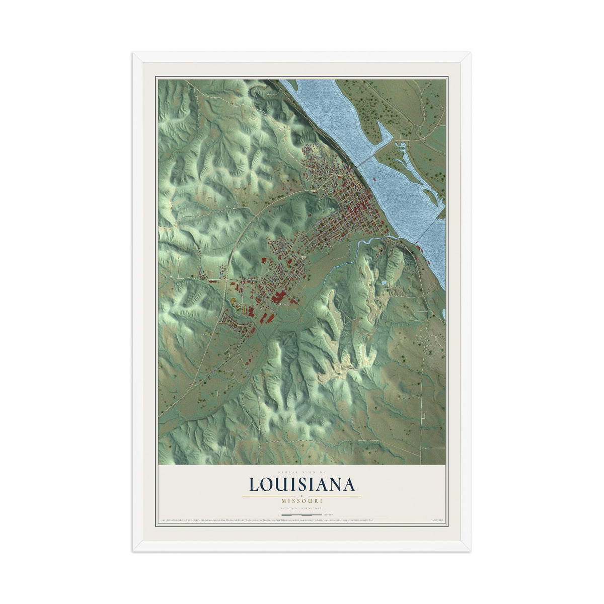 Map of Louisiana, Missouri, 12 x 18 inch print in a white wood frame