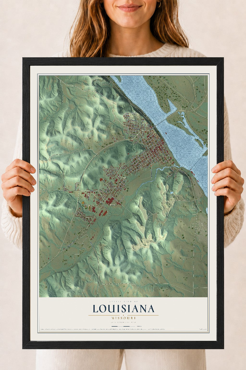 Map of Louisiana, Missouri, 18 x 24 inch print in a black wood frame
