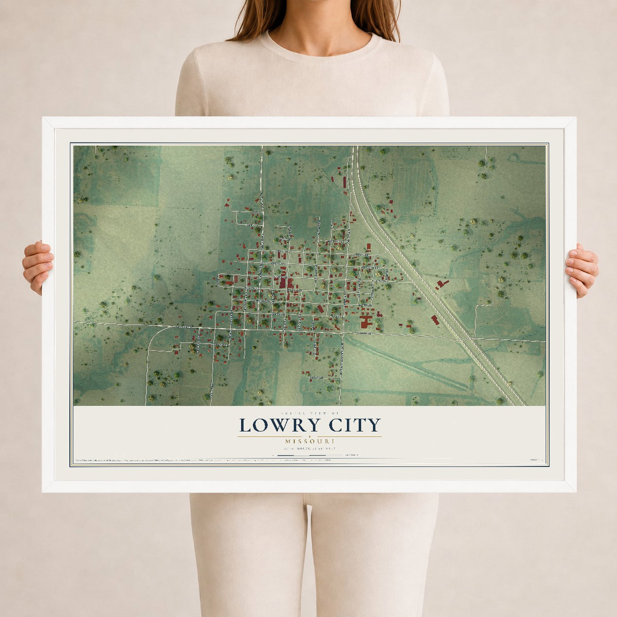 Map of Lowry City, Missouri, 24 x 36 inch print in a white wood frame