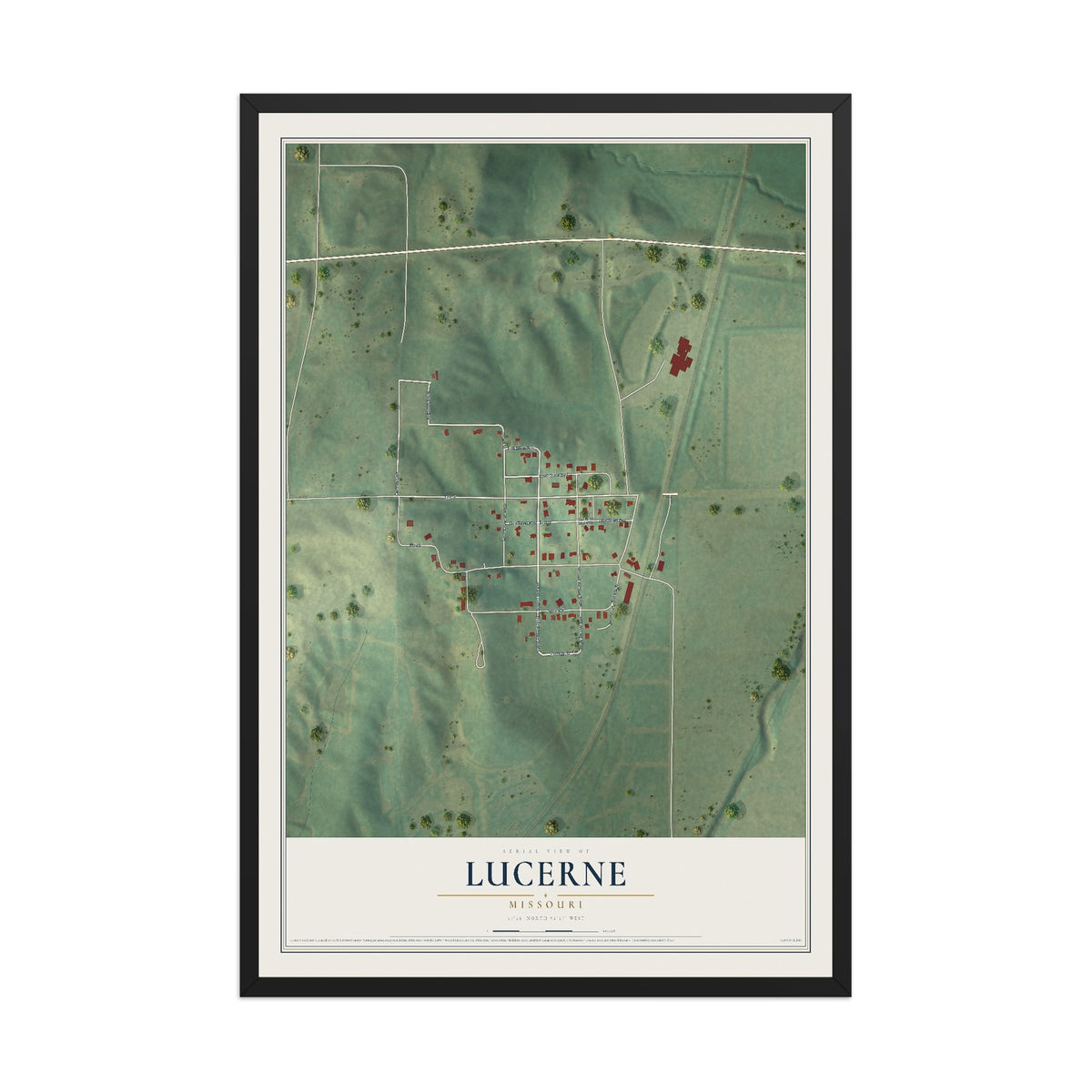Map of Lucerne, Missouri, 12 x 18 inch print in a black wood frame