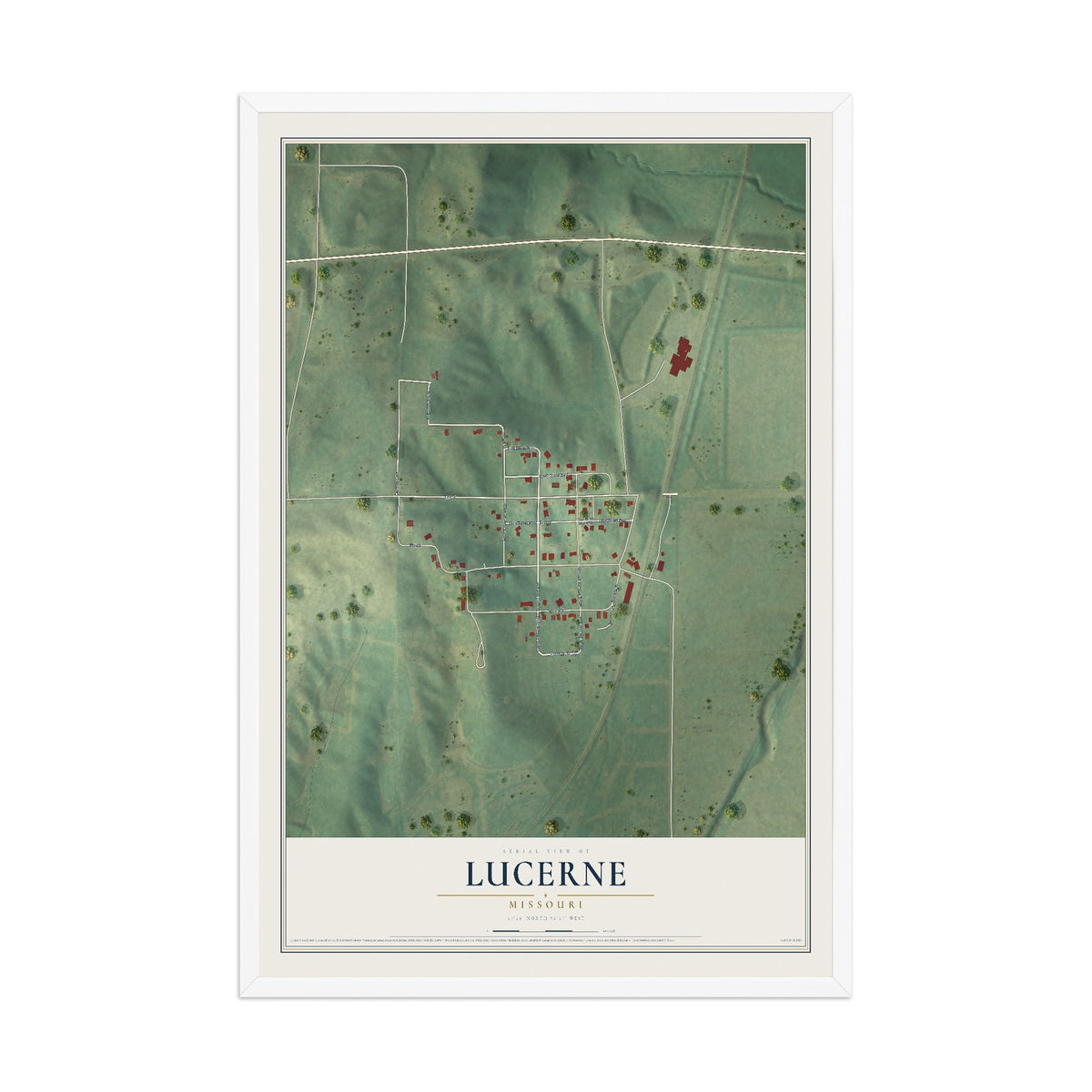 Map of Lucerne, Missouri, 12 x 18 inch print in a white wood frame