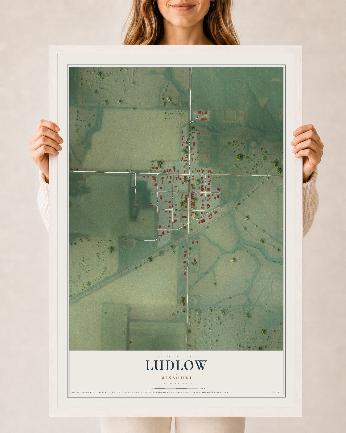Map of Ludlow, Missouri, 24 x 36 inch print in a white wood frame