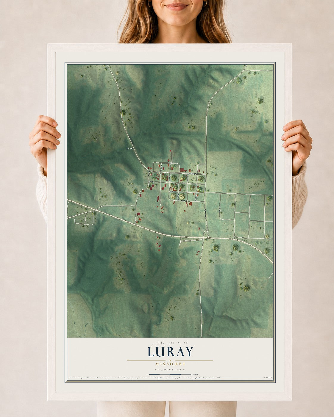Map of Luray, Missouri, 24 x 36 inch print in a white wood frame