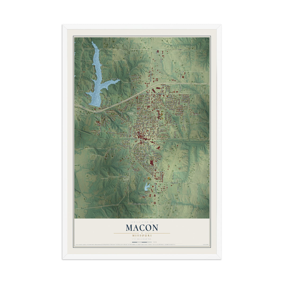 Map of Macon, Missouri, 12 x 18 inch print in a white wood frame