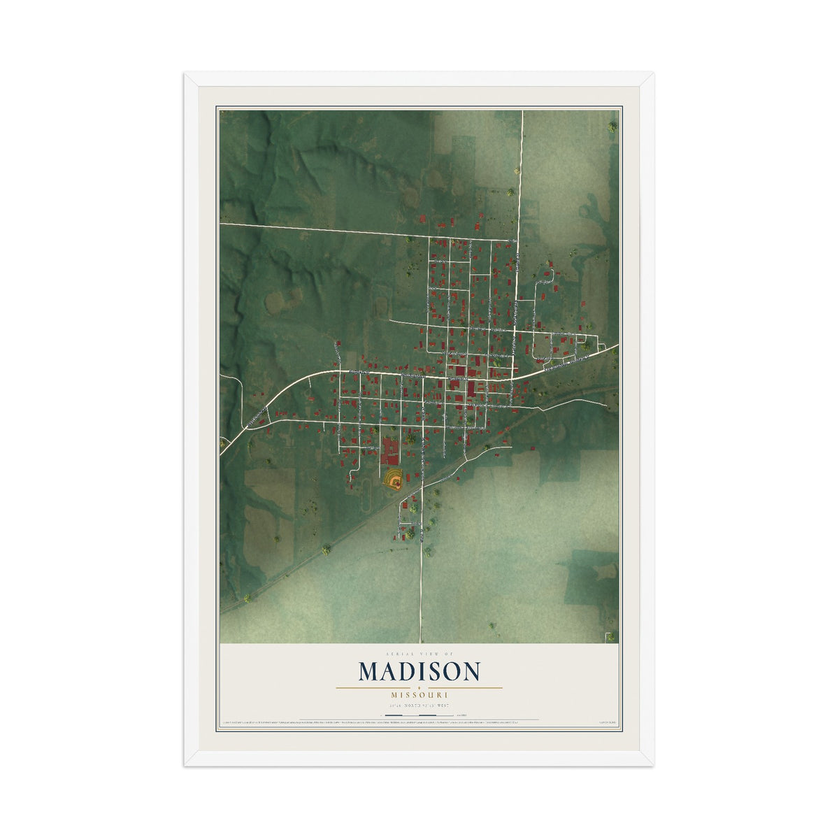 Map of Madison, Missouri, 12 x 18 inch print in a white wood frame