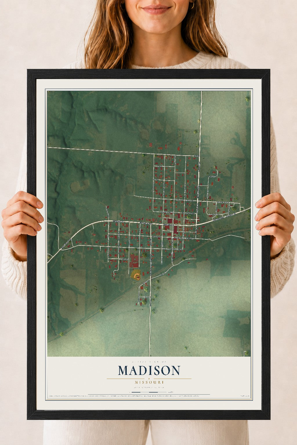 Map of Madison, Missouri, 18 x 24 inch print in a black wood frame