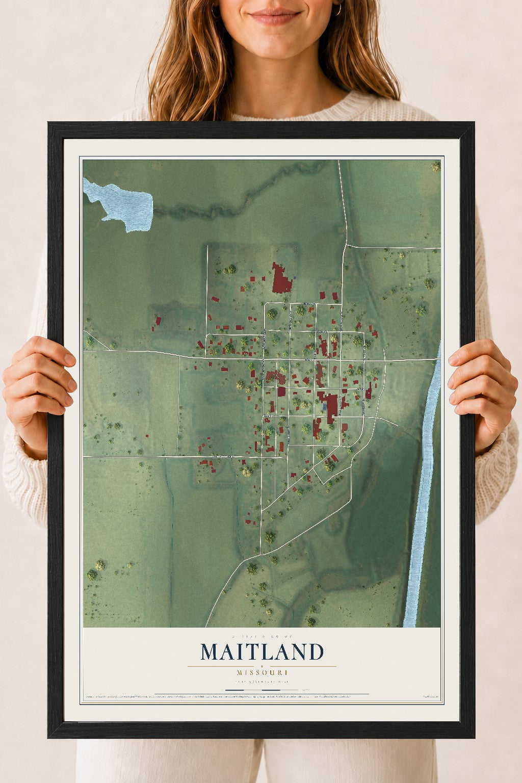 Map of Maitland, Missouri, 18 x 24 inch print in a black wood frame