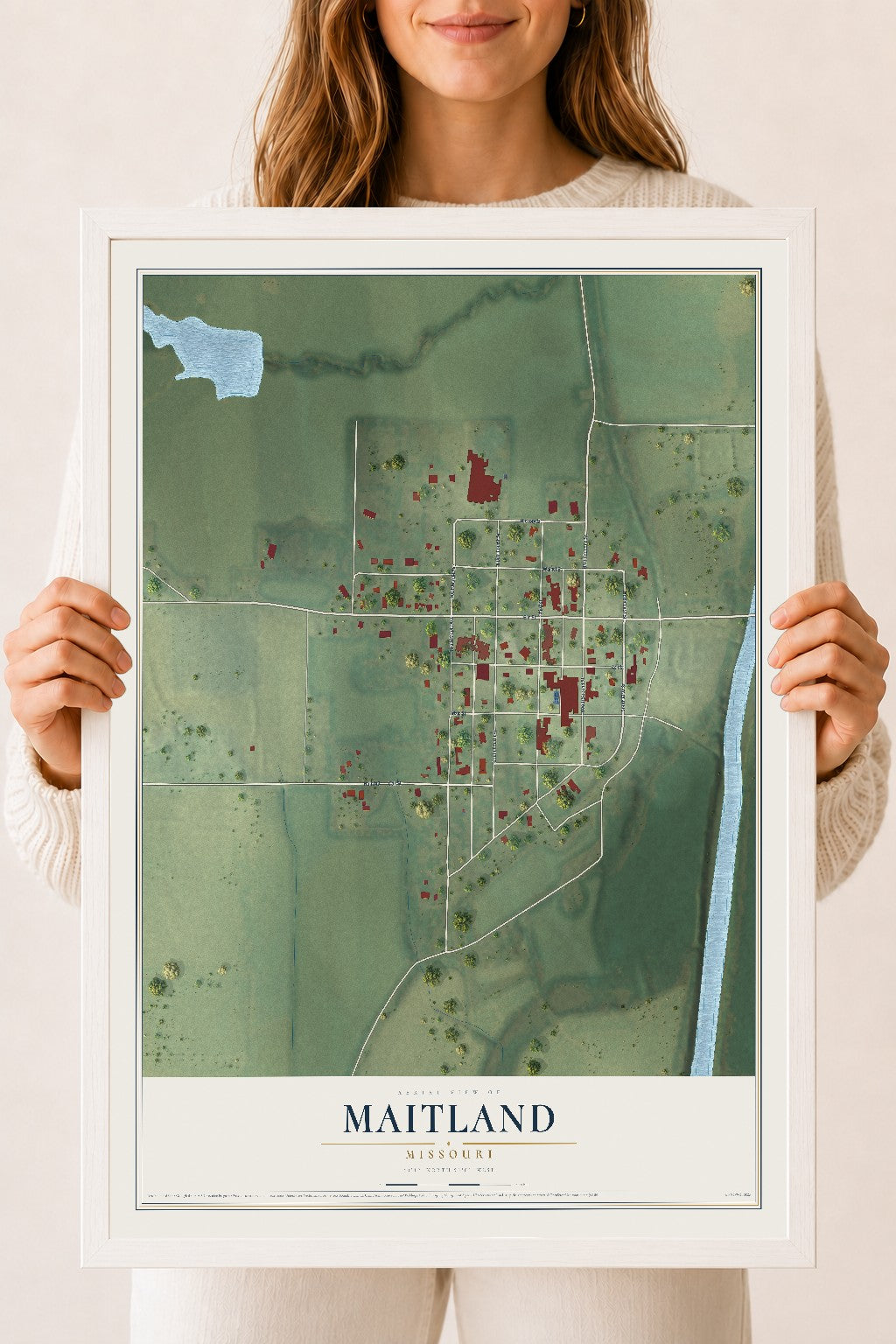 Map of Maitland, Missouri, 18 x 24 inch print in a white wood frame