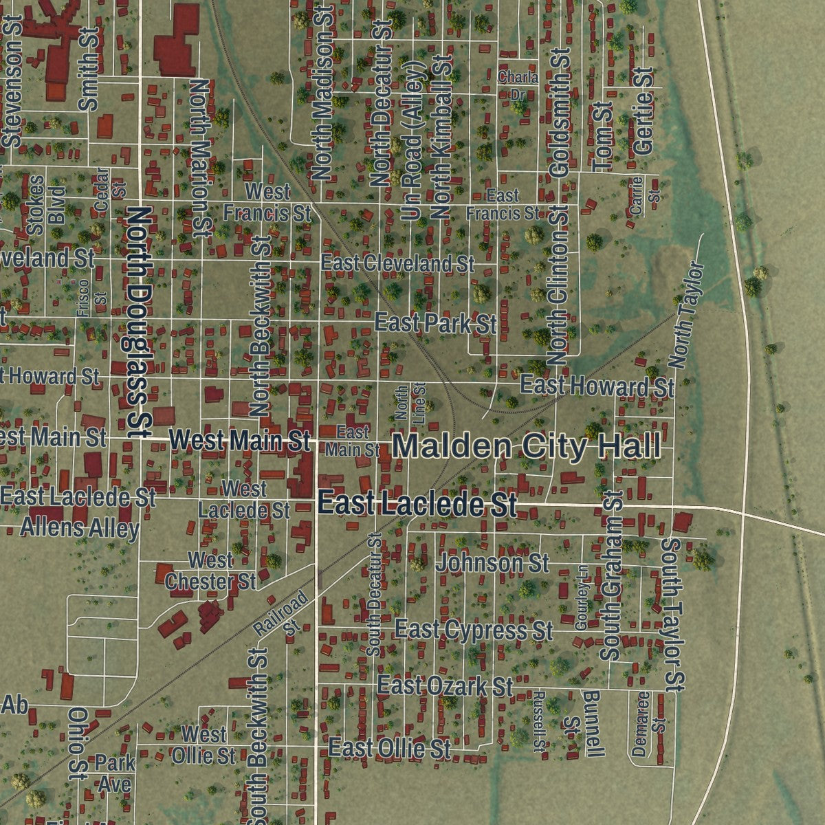 Close-up of the map of Malden, Missouri print showing street and building detail