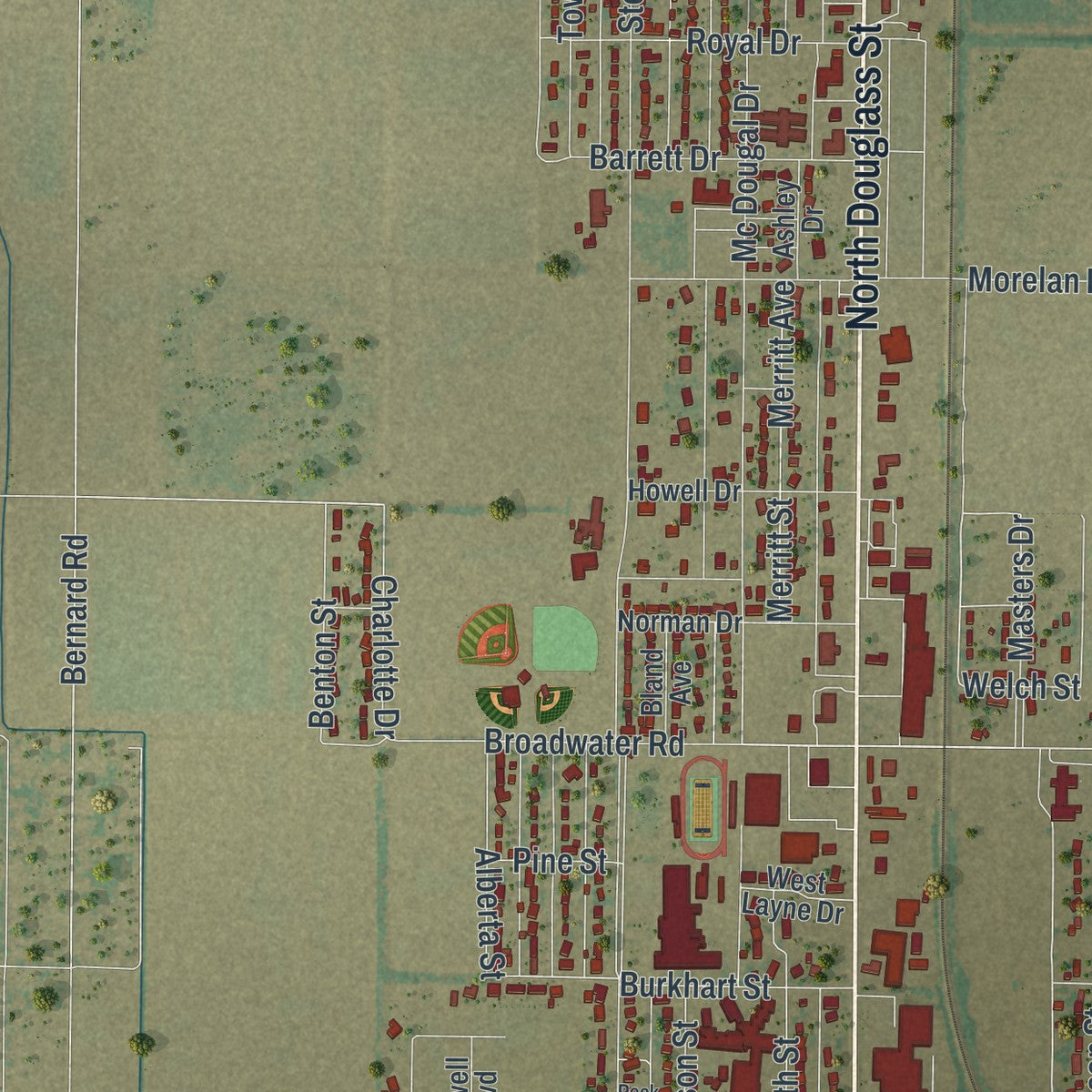 Second close-up of the map of Malden, Missouri print showing more streets and buildings