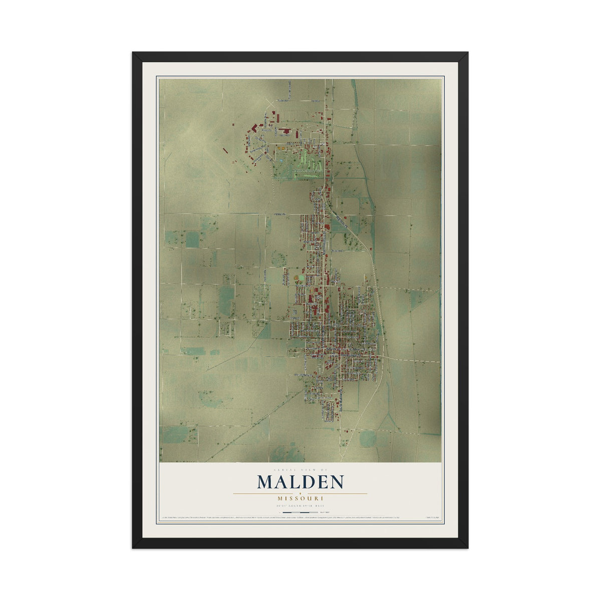 Map of Malden, Missouri, 12 x 18 inch print in a black wood frame