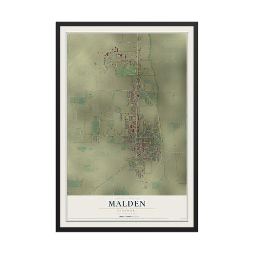 Map of Malden, Missouri, 12 x 18 inch print in a black wood frame