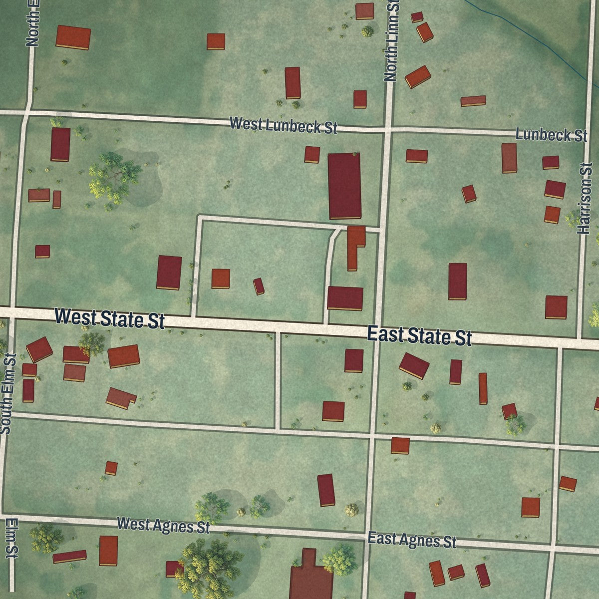 Close-up of the map of Malta Bend, Missouri print showing street and building detail