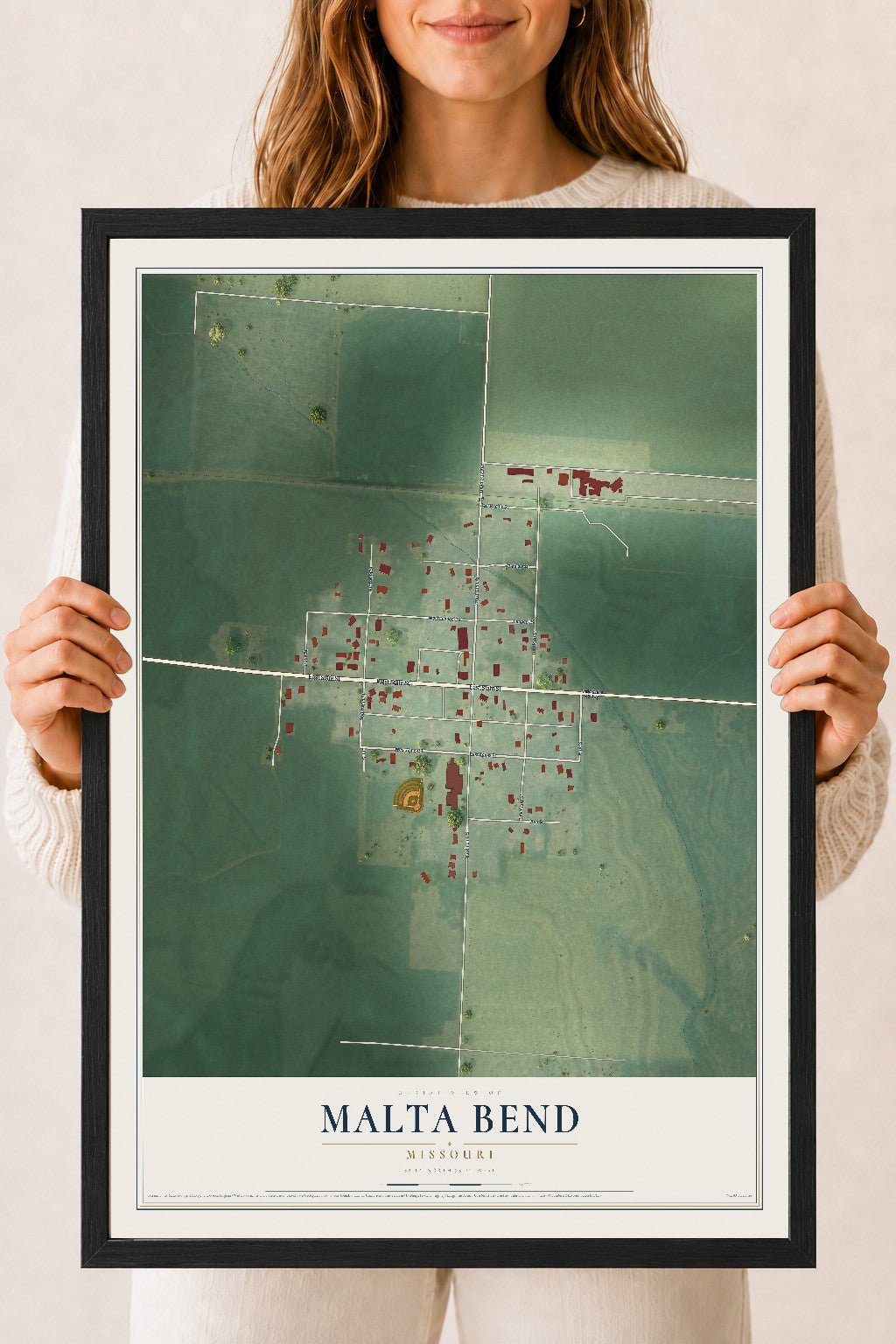 Map of Malta Bend, Missouri, 18 x 24 inch print in a black wood frame