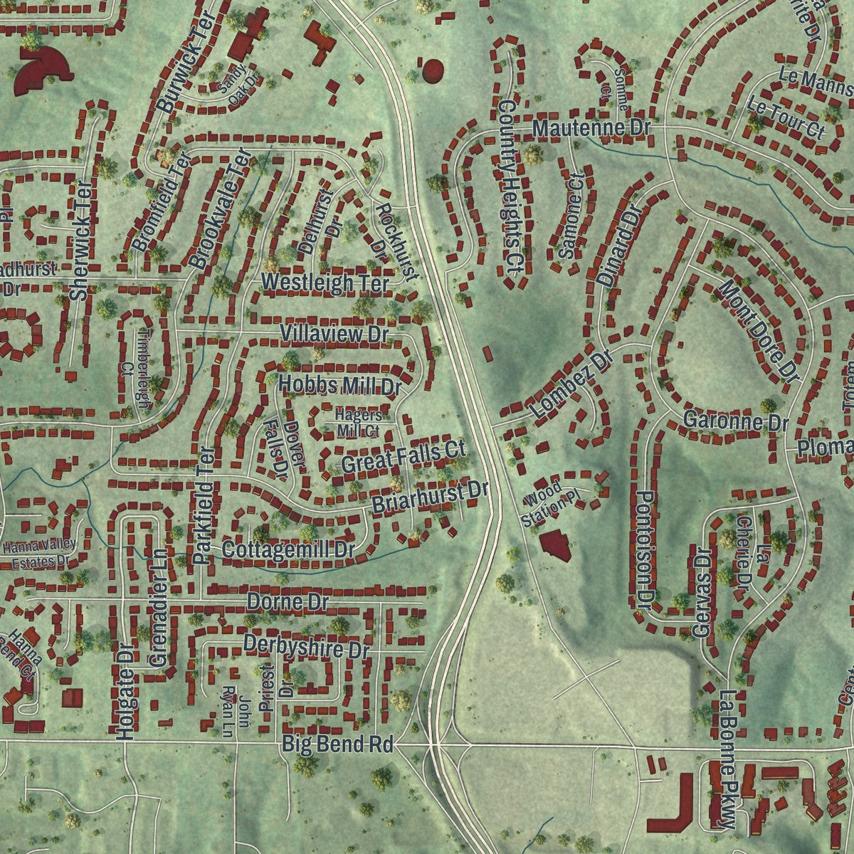 Close-up of the map of Manchester, Missouri print showing street and building detail