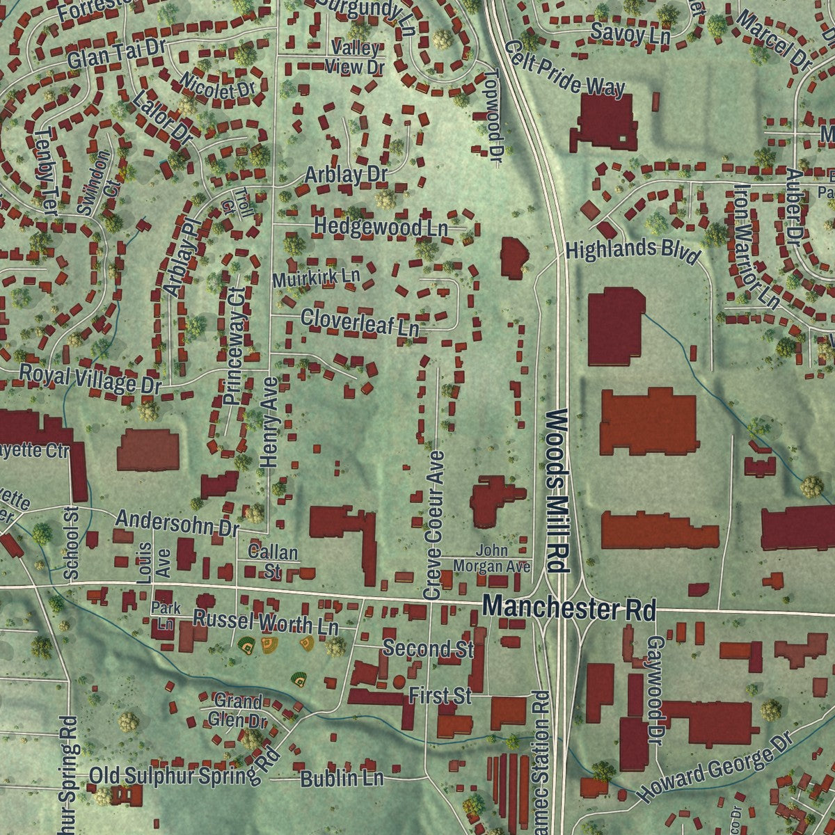 Second close-up of the map of Manchester, Missouri print showing more streets and buildings