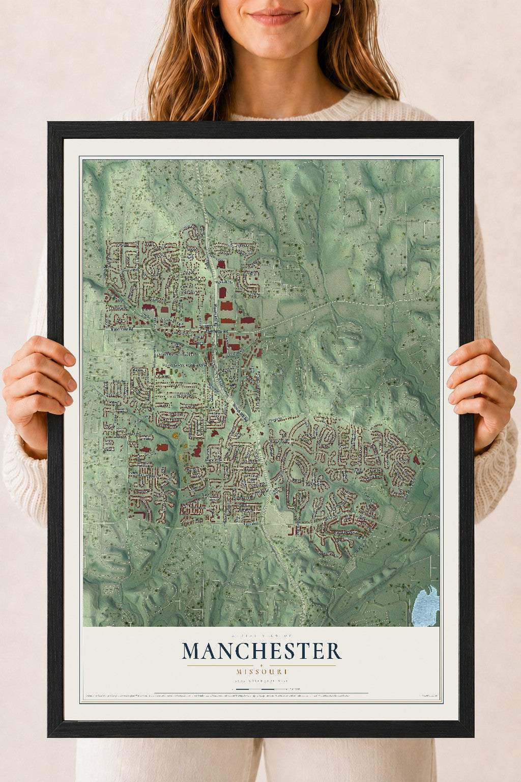 Map of Manchester, Missouri, 18 x 24 inch print in a black wood frame