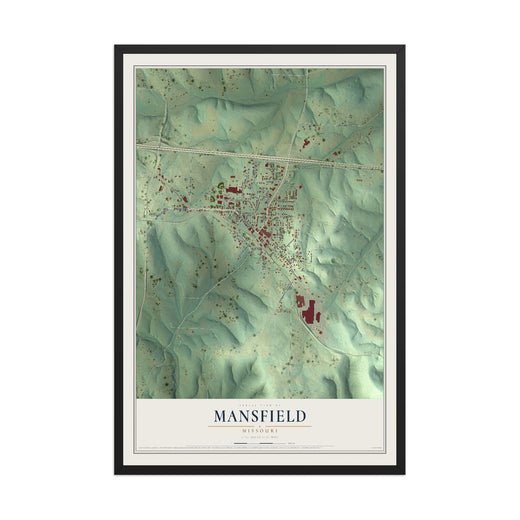 Map of Mansfield, Missouri, 12 x 18 inch print in a black wood frame