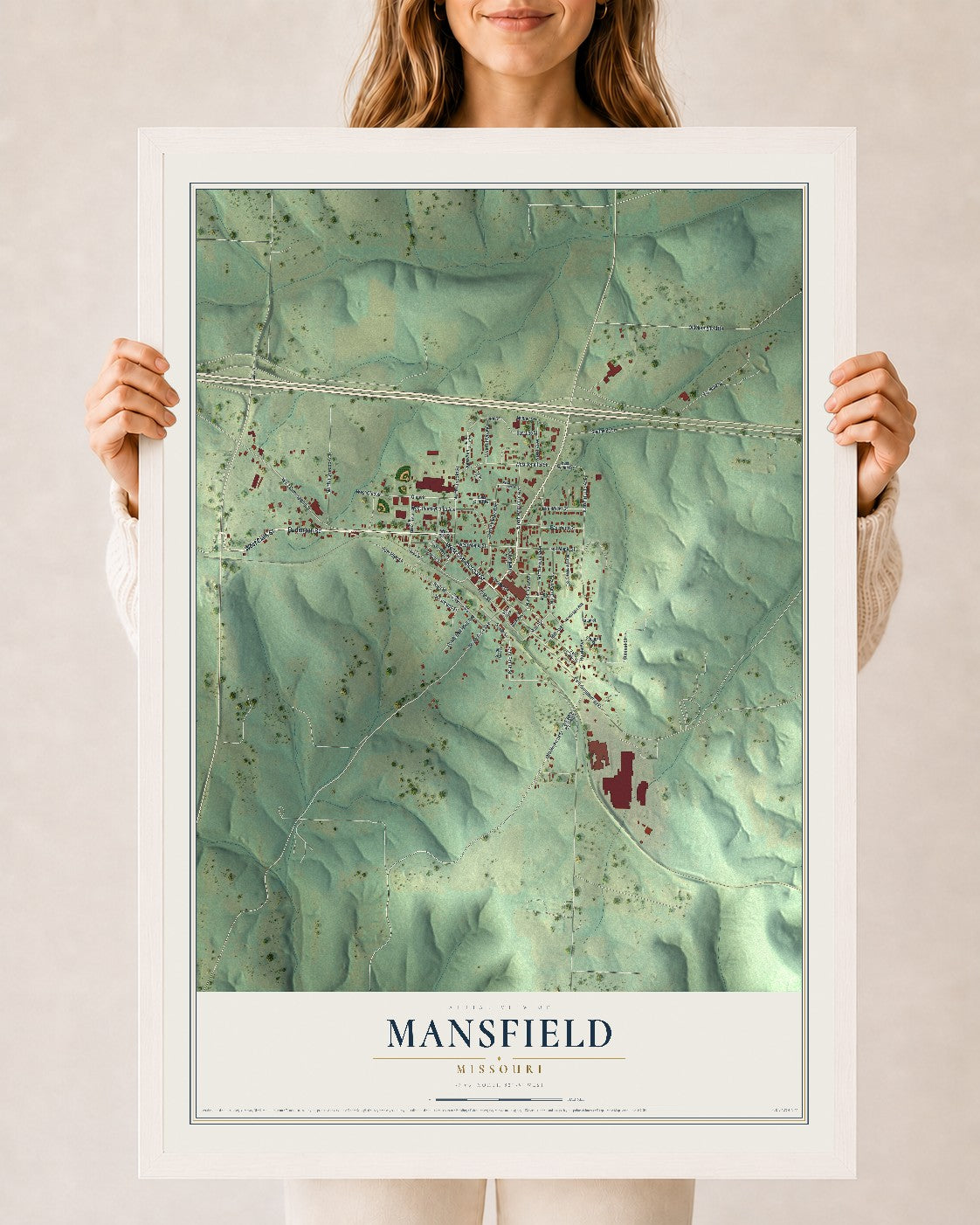 Map of Mansfield, Missouri, 24 x 36 inch print in a white wood frame