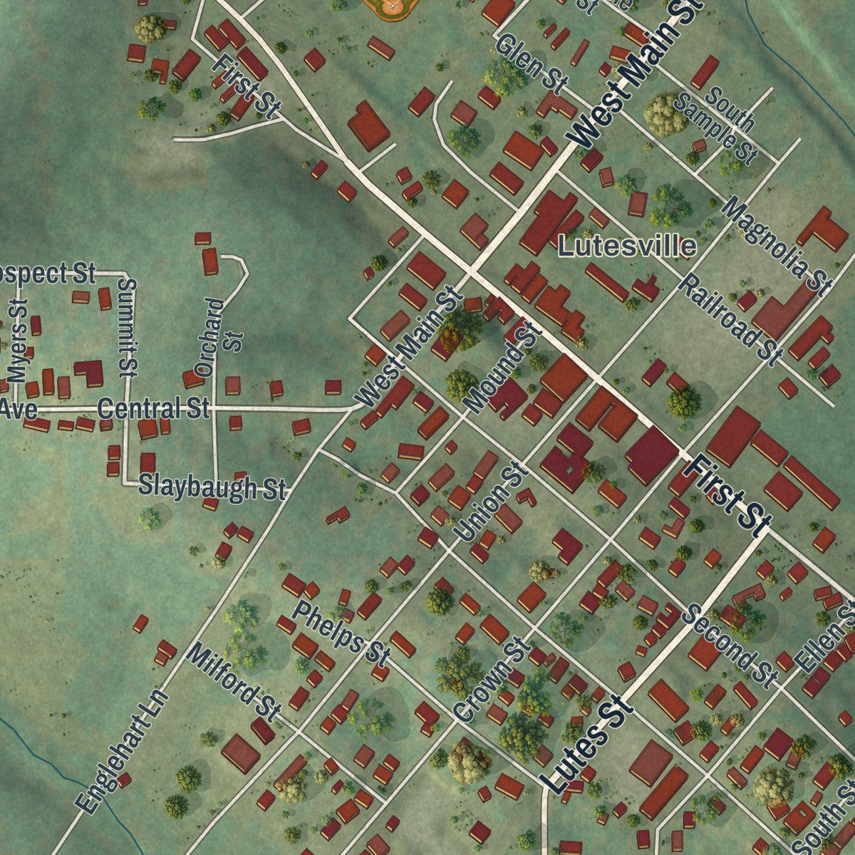 Close-up of the map of Marble Hill, Missouri print showing street and building detail