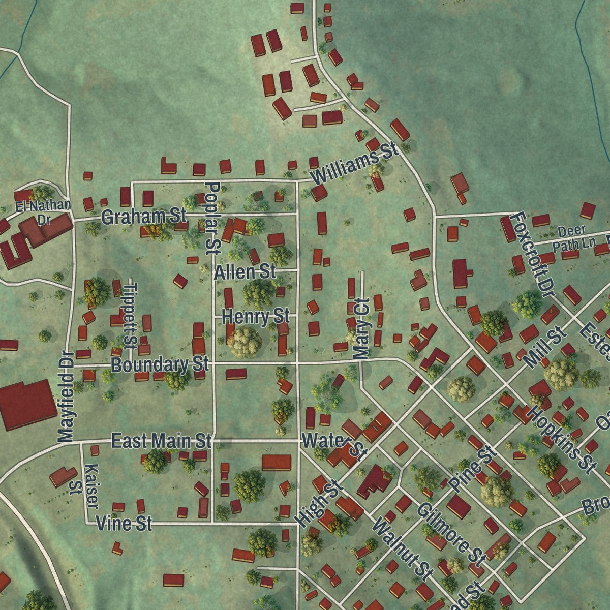 Second close-up of the map of Marble Hill, Missouri print showing more streets and buildings