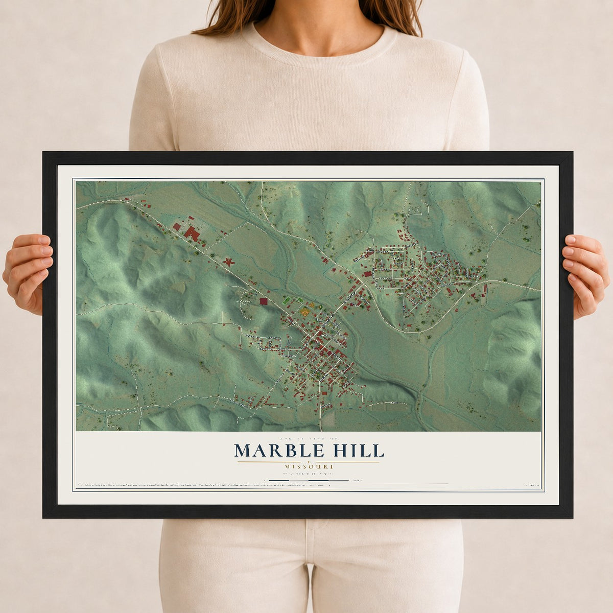 Map of Marble Hill, Missouri, 12 x 18 inch print in a black wood frame