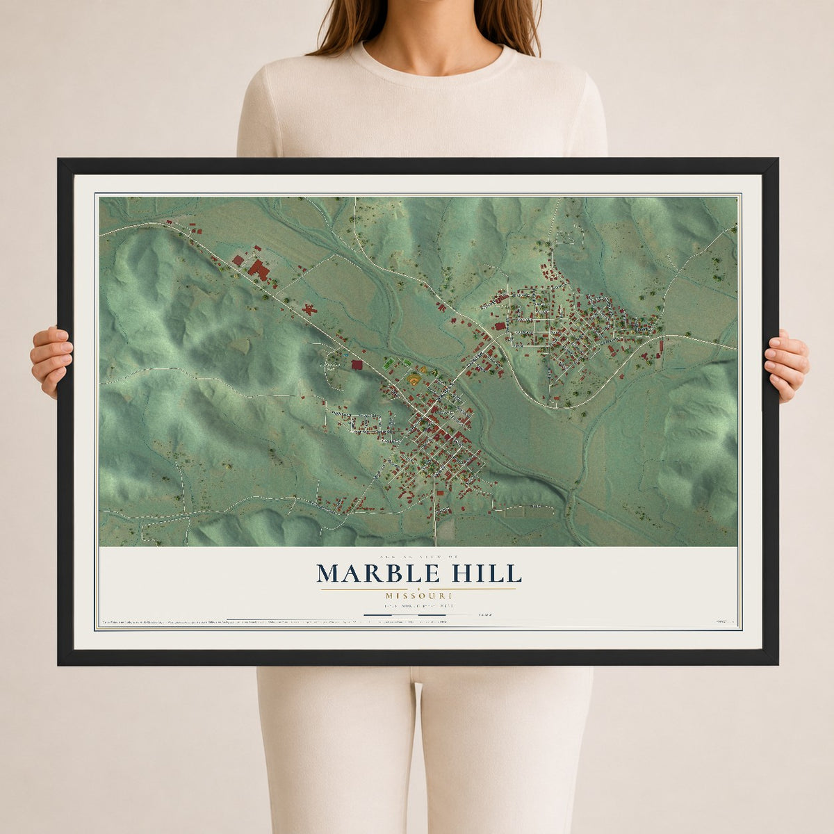 Map of Marble Hill, Missouri, 24 x 36 inch print in a black wood frame