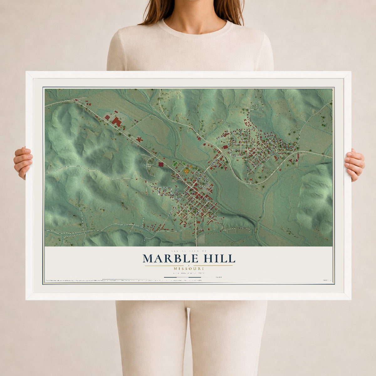 Map of Marble Hill, Missouri, 24 x 36 inch print in a white wood frame