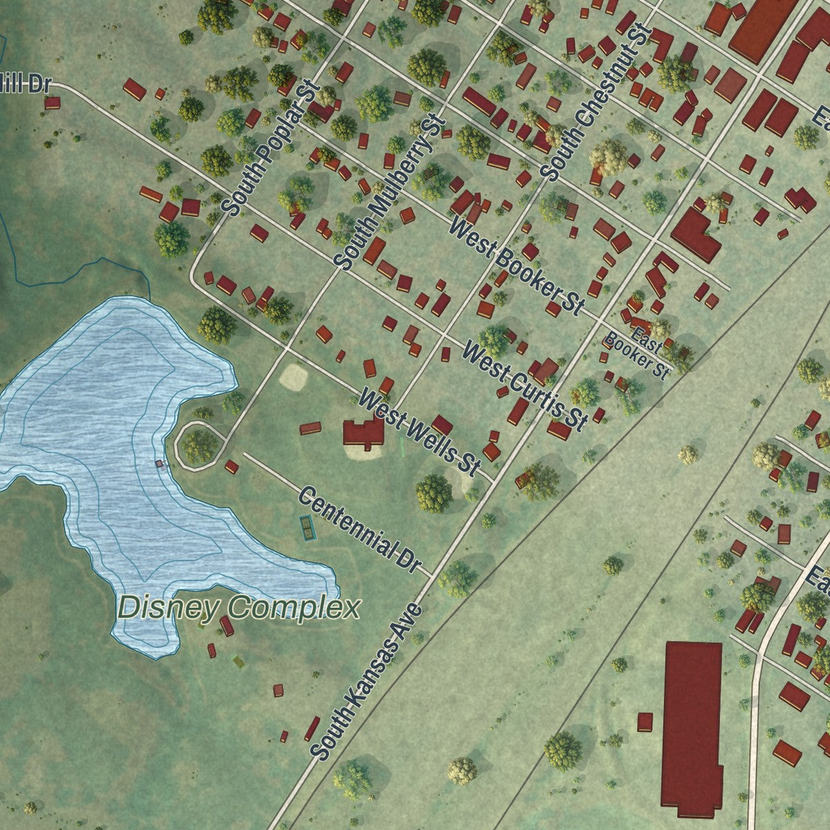 Second close-up of the map of Marceline, Missouri print showing more streets and buildings