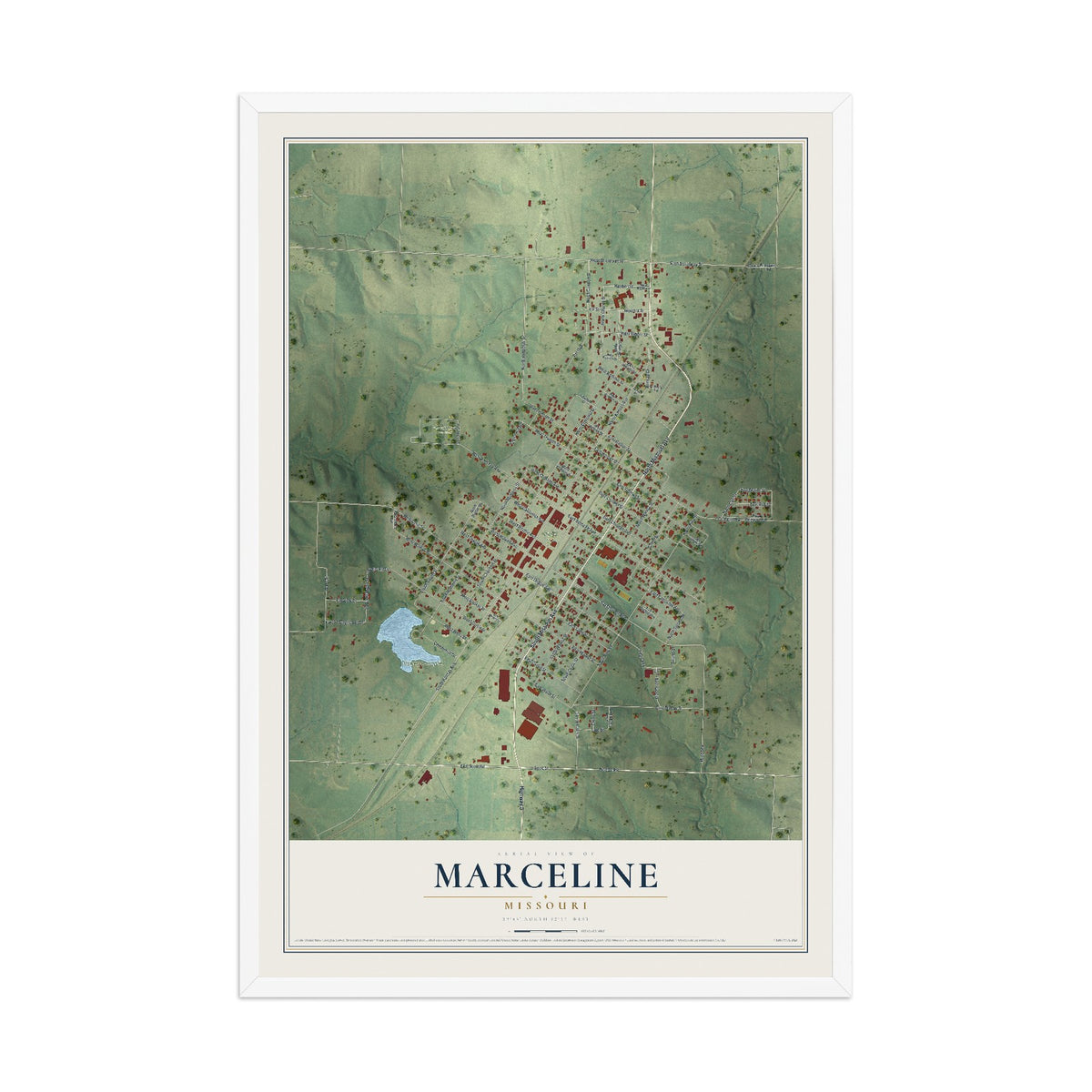 Map of Marceline, Missouri, 12 x 18 inch print in a white wood frame