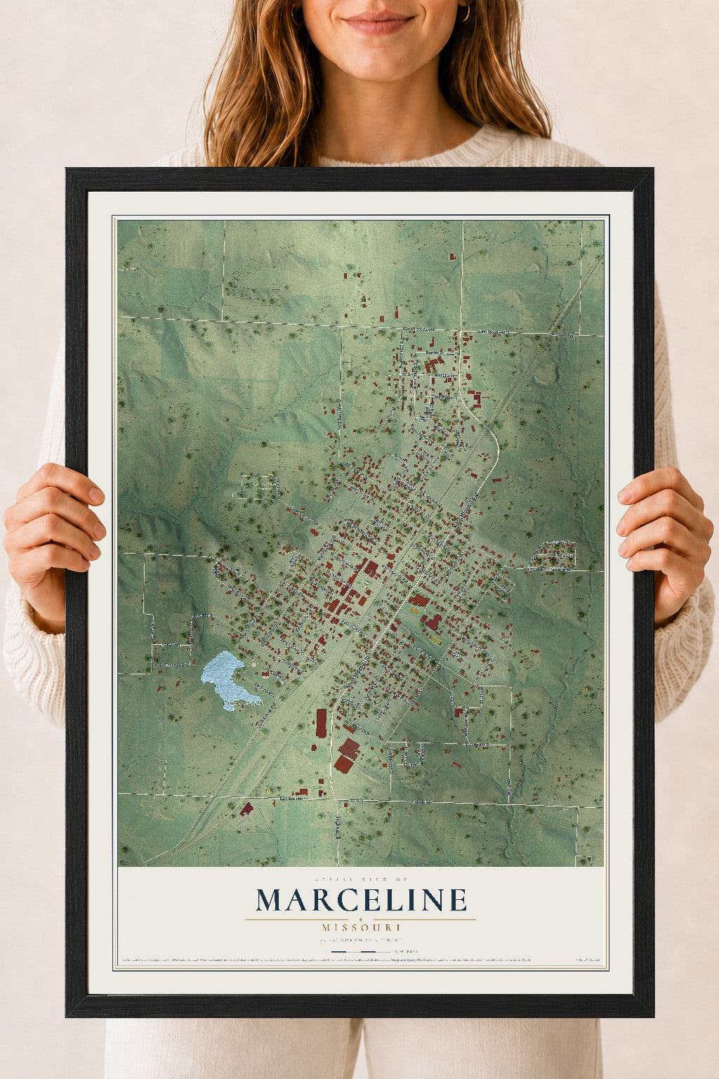 Map of Marceline, Missouri, 18 x 24 inch print in a black wood frame