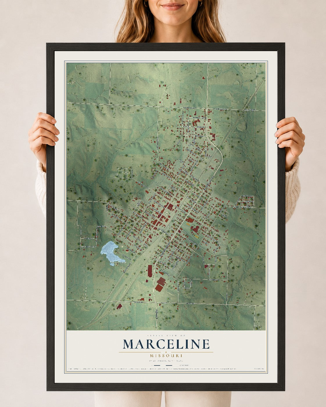 Map of Marceline, Missouri, 24 x 36 inch print in a black wood frame