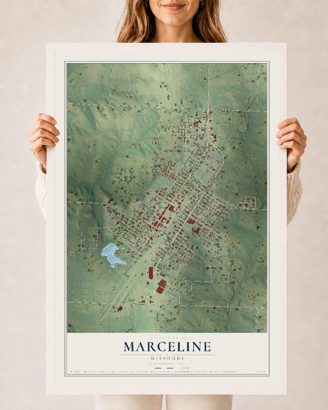 Map of Marceline, Missouri, 24 x 36 inch print in a white wood frame
